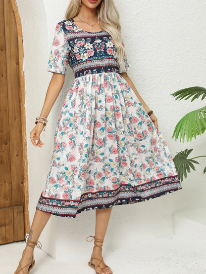 Bohemian To 3XL Print Midi Dress, Round neck, short sleeve, long skirt