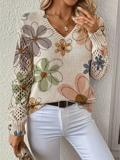 Boho Floral Print V Neck Crocheted Long Sleeved Sweater with Hollowed Out Knit Sleeves in 12 Different Designs