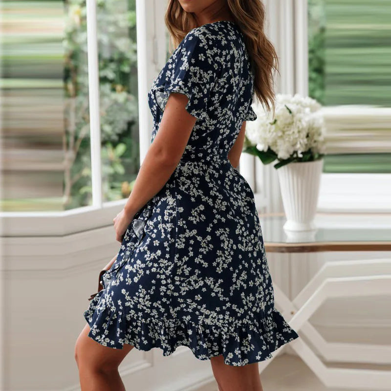 Boho Floral Skirt Print Ruffles, V Neck, Short Sleeve, A Line, Mini Dresses