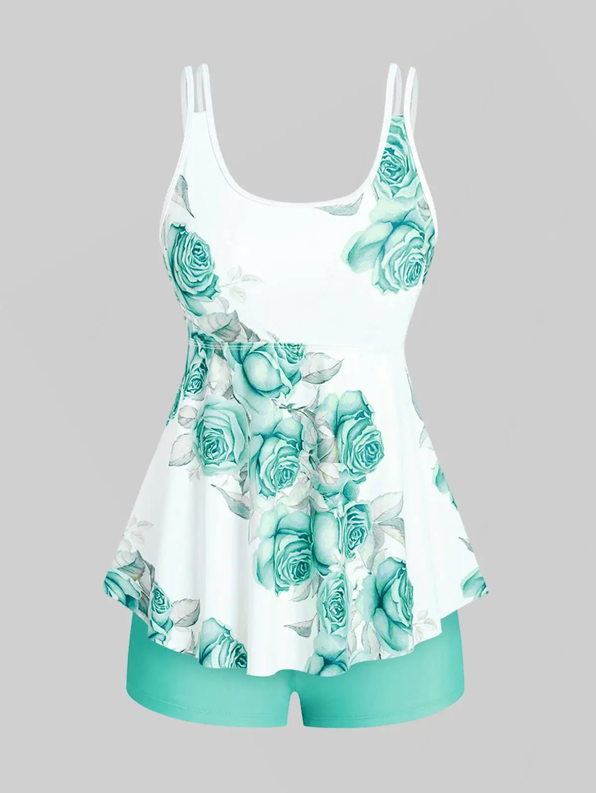 Sizes to 5XL. High Waisted Rose Print Modest Tankini Swimsuit