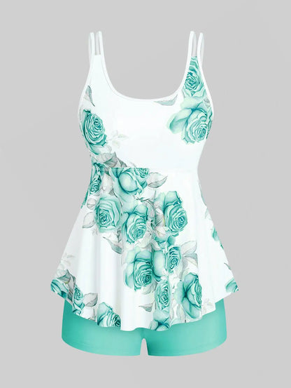 Sizes to 5XL. High Waisted Rose Print Modest Tankini Swimsuit