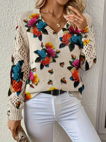 Boho Floral Print V Neck Crocheted Long Sleeved Sweater with Hollowed Out Knit Sleeves in 12 Different Designs