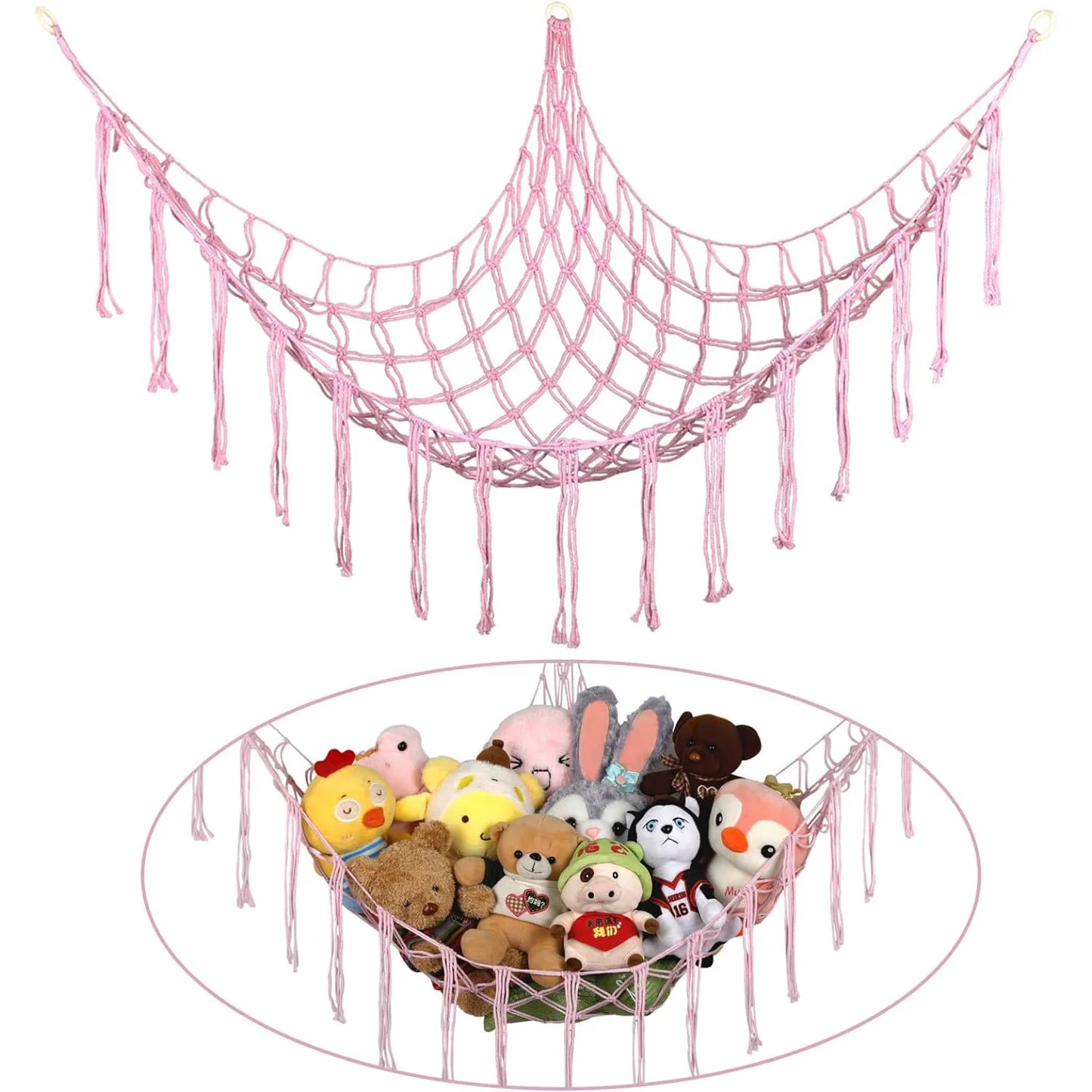 9 different colors of this Boho Macrame Stuffed Animal Hammock Cotton Tassel Toy Storage Net, Hanging Organizer