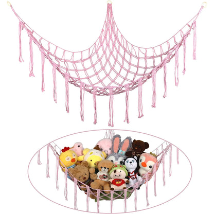 9 different colors of this Boho Macrame Stuffed Animal Hammock Cotton Tassel Toy Storage Net, Hanging Organizer