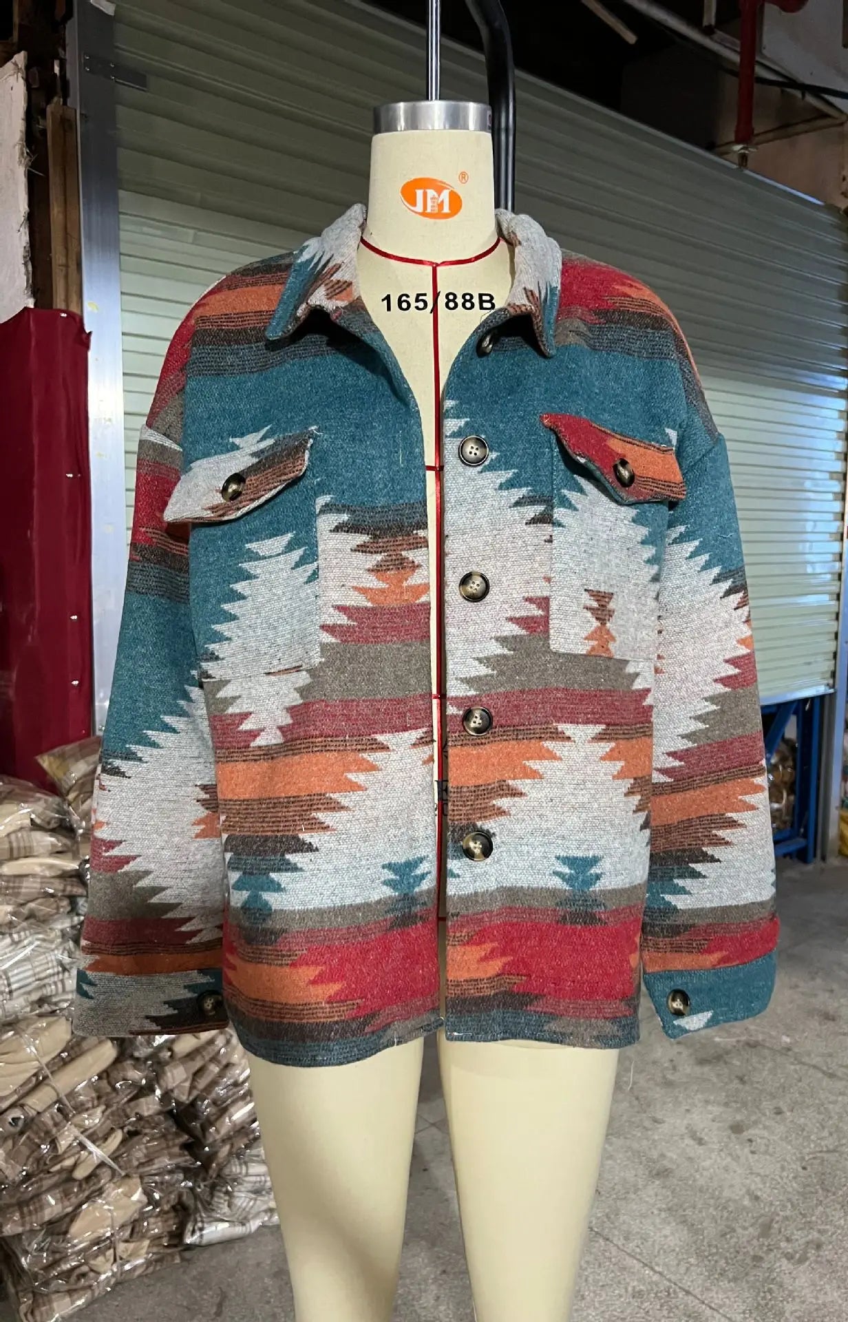 Vintage Loose Denim Jacket, Aztec Retro Ethnic Style, Long Sleeved, Shirt Collar, Sizes to XXL
