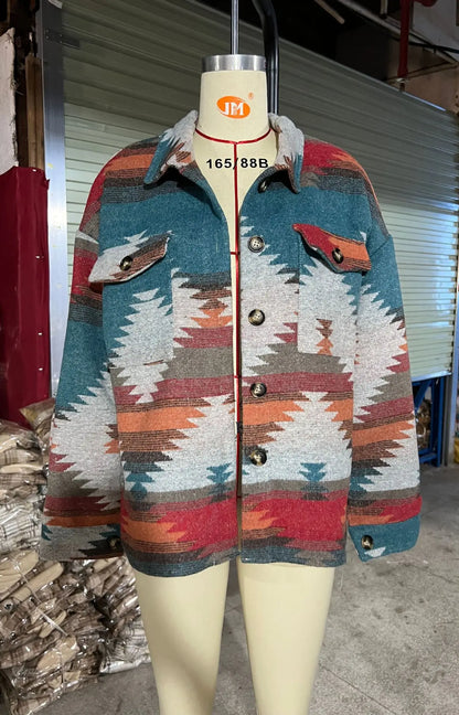 Vintage Loose Denim Jacket, Aztec Retro Ethnic Style, Long Sleeved, Shirt Collar, Sizes to XXL