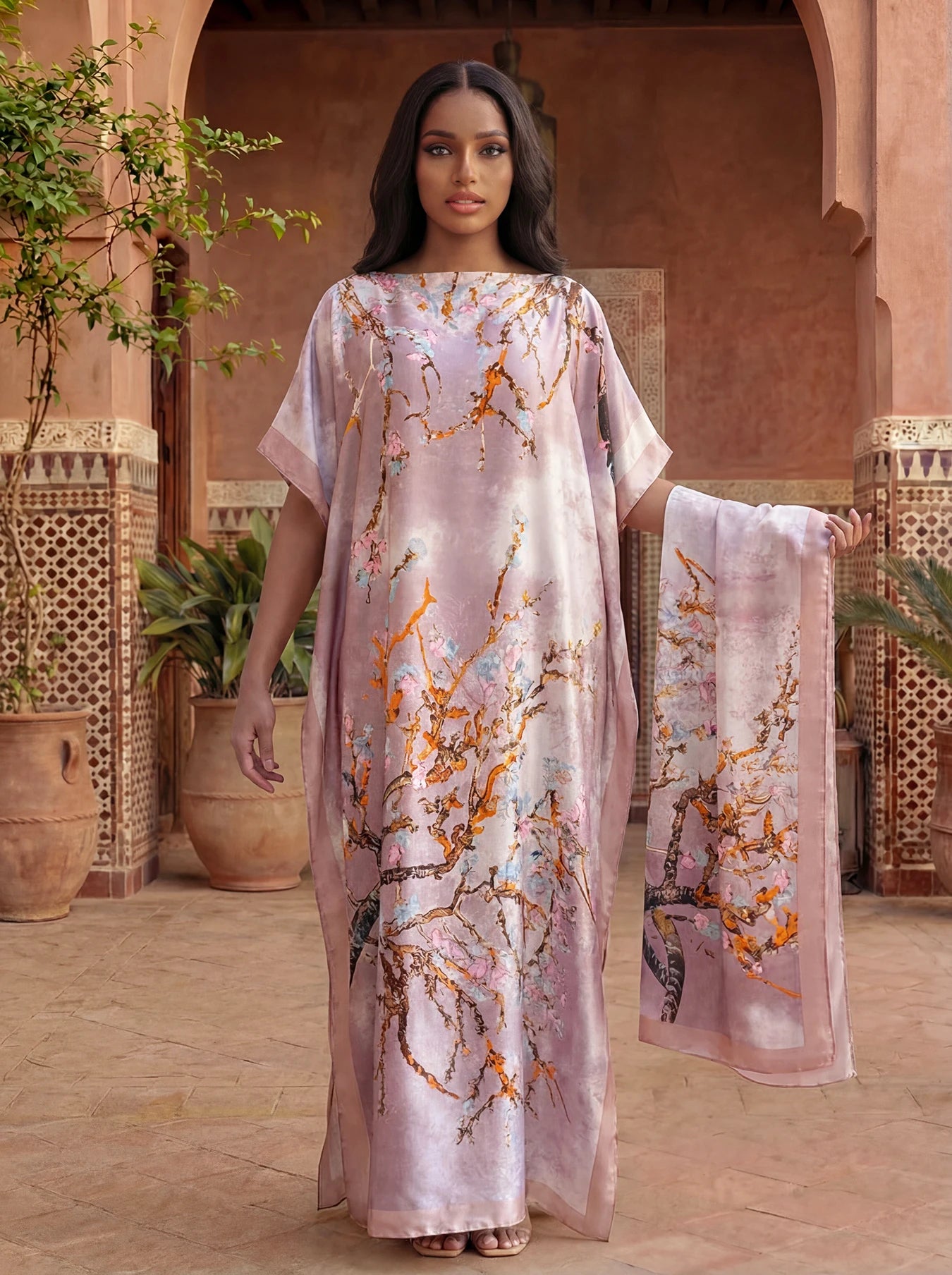 Boho Print Maxi Caftan with matching Shawl, Elbow Length Sleeves, 5 designs to choose from