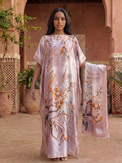 Boho Print Maxi Caftan with matching Shawl, Elbow Length Sleeves, 5 designs to choose from
