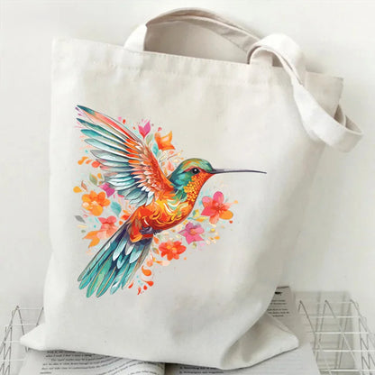Colorful Hummingbird Canvas Shoulder Bag Flower Pattern. GREAT TO USE AS A GIFT BAG--WHY USE PAPER???