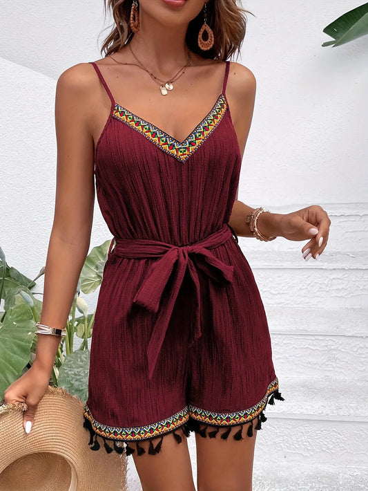 Boho Colorful Tassel Trim Text Pure Colorful Trim, and Adjustable Spaghetti Strap Jumpsuit and Sash