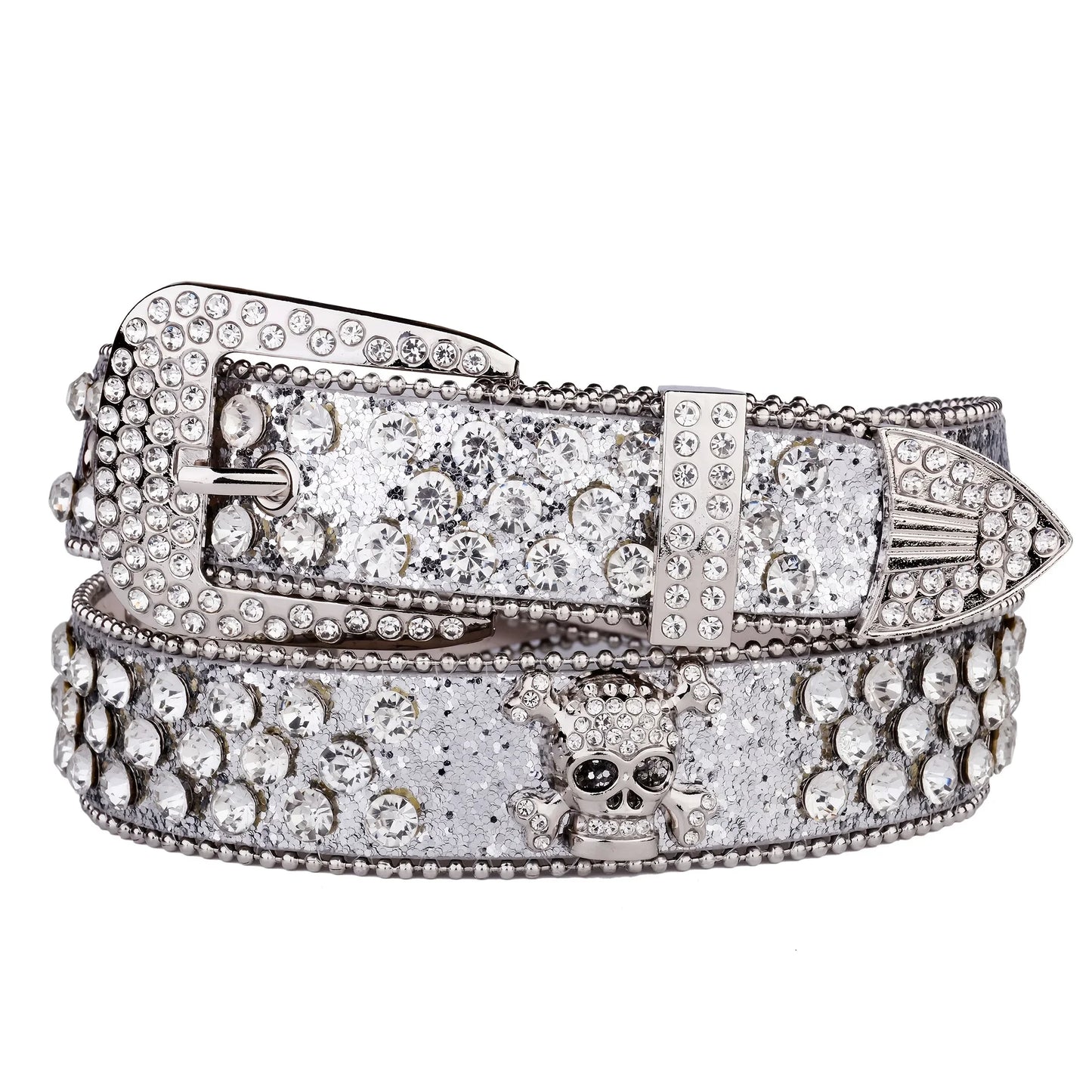 Rhinestone Skull Belt with Studded PU Leather Country or Punk Belt. Also in Silver and Pink PU Leather