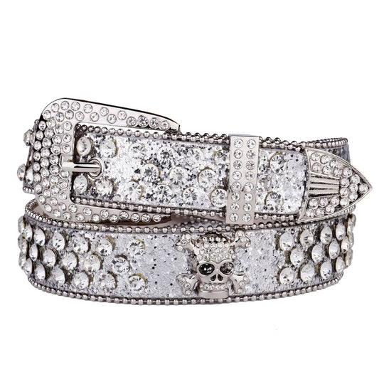 Rhinestone Skull Belt with Studded PU Leather Country or Punk Belt. Also in Silver and Pink PU Leather