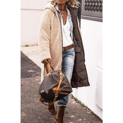 Reversible Sherpa Fleece, Long, Hooded Puffer Coats. Check colors: Brown, Green, Black, Burgundy, Light Gray