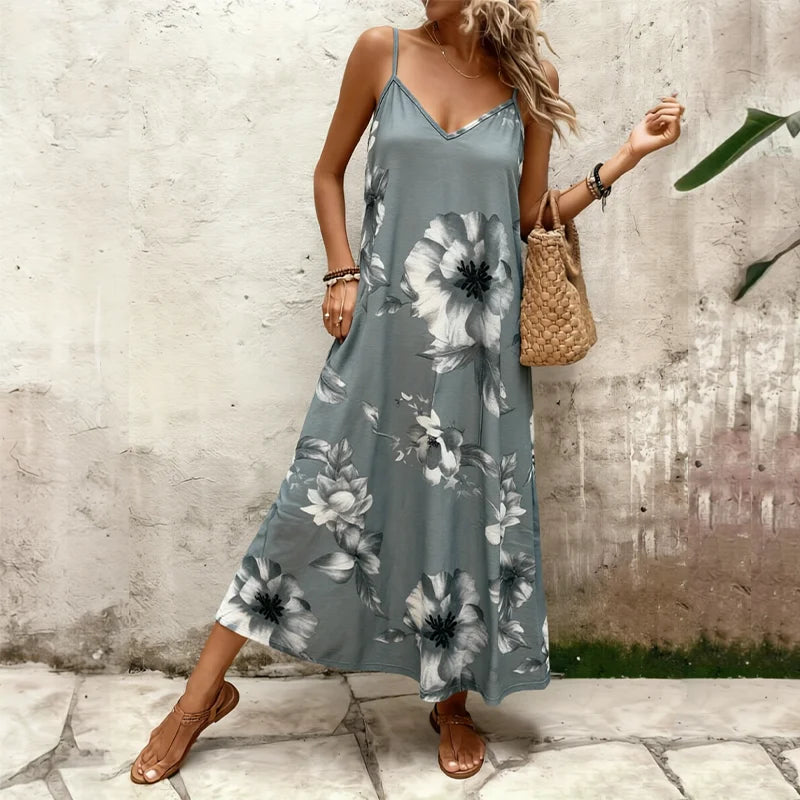 Boho Sizes to 5XL  Floral Print, Spaghetti Straps, Loose Maxi Dress with a Flared skirt
