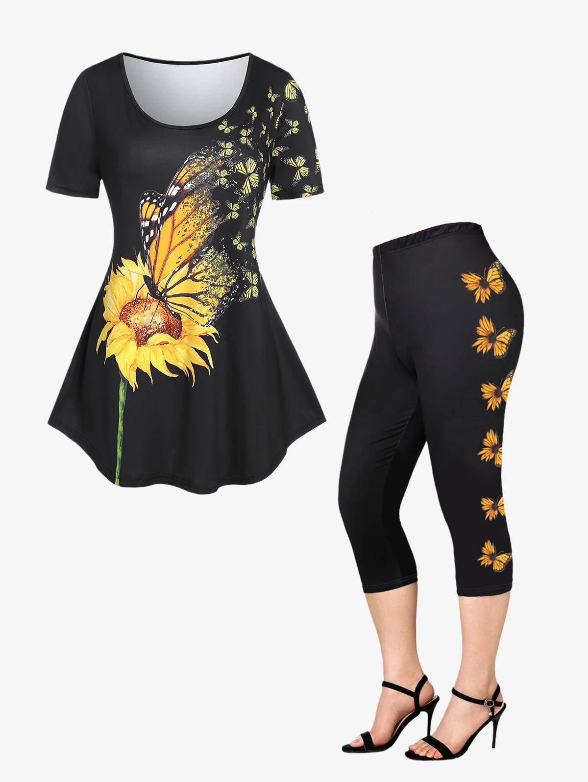 Plus Sizes to 4XL, 3D Printed Outfit, Floral Graphic Top and Matching Capri Leggings