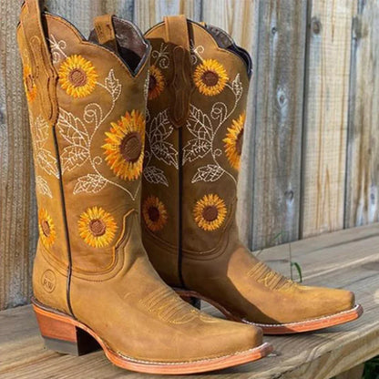 Embroidered Light, Medium, and Dark Brown Faux Leather Boots Deep High Female Casual Boots