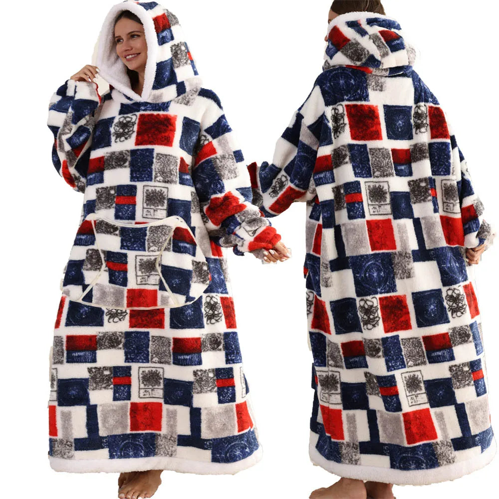 Super Long Flannel Pullover Night Shirt with Pocket and Hood, Super Snuggly for Men and Women, 12 Different Prints