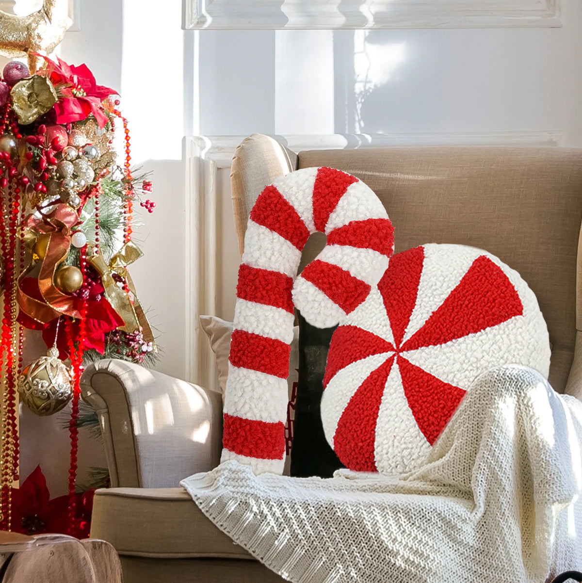 Christmas Candy Cane or Peppermint Shaped Soft Throw Pillows