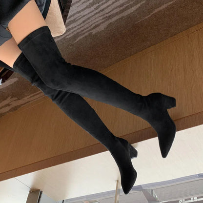 Sexy High Boots Over The Knee, Warm Boots, Suede Back Zipper, Square Heel