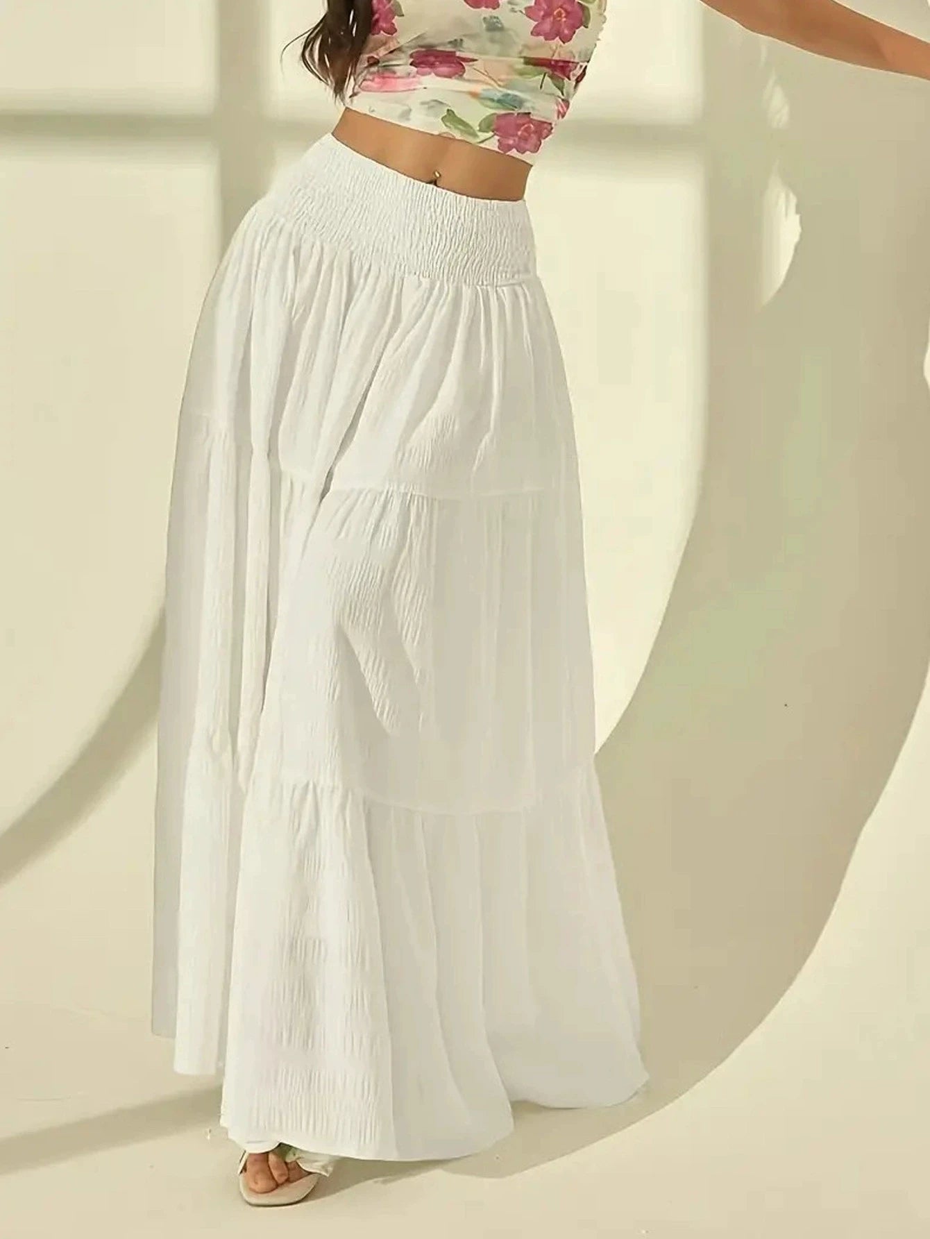 Sizes to 4XL   fashionable, layered long skirt ,solid-color, elastic waist , comes in Black and White