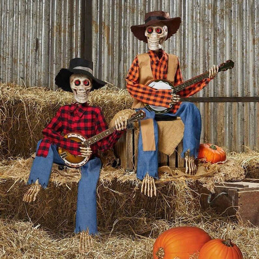 Animated Motion Sound Activated Musical Multi Lingual Duo Banjo Halloween Skeletons