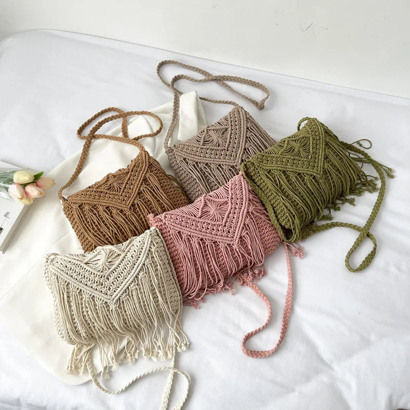 Cotton Woven Crossbody Bags  Small Tassel Handbag Messenger Bags