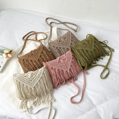 Cotton Woven Crossbody Bags  Small Tassel Handbag Messenger Bags