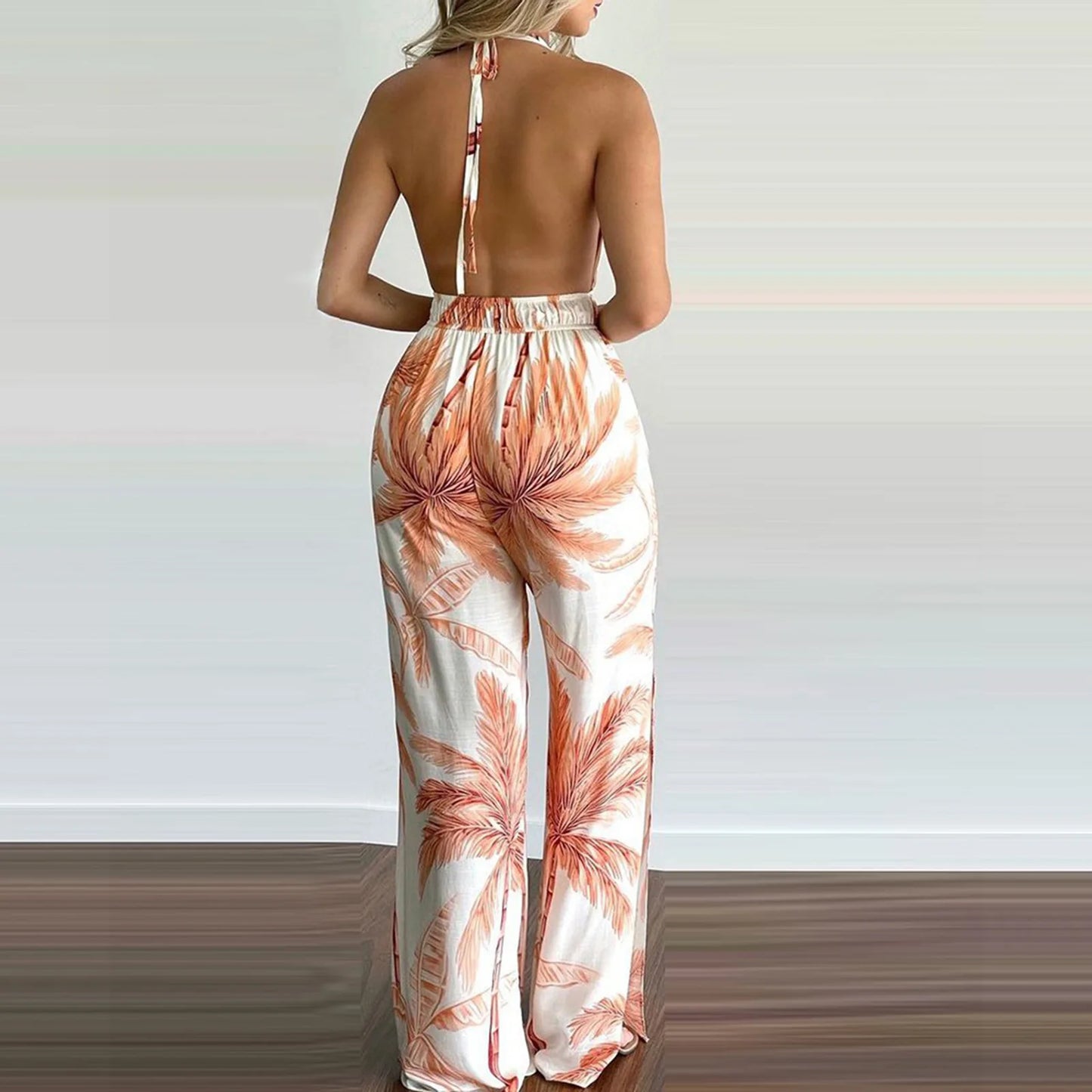 Sizes to 3XL, Colorful print jumpsuits, Sleeveless ,  Plunging V-neck , Halter top, Long Wide pants, Elastic Waist