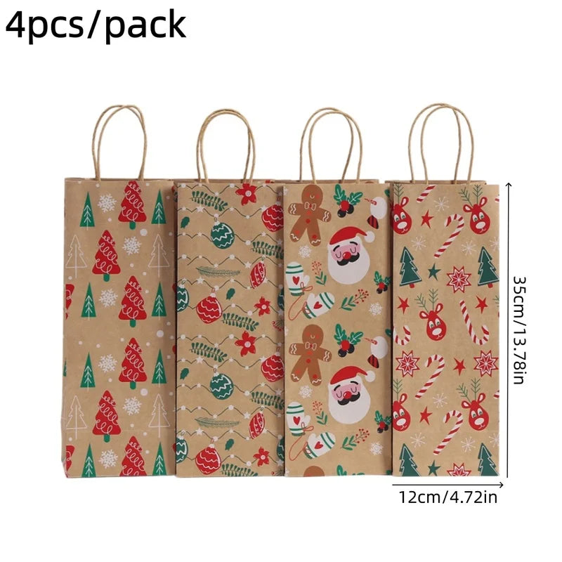Christmas Wine Bottle Kraft Gift Bags, 4-Pack