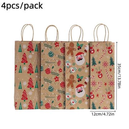 Christmas Wine Bottle Kraft Gift Bags, 4-Pack