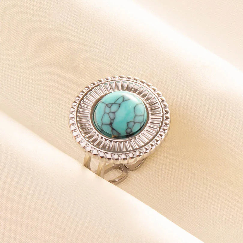 1pc Boho Turquoise Ring Stainless Steel Light Blue Gemstone Silver Adjustable Ring