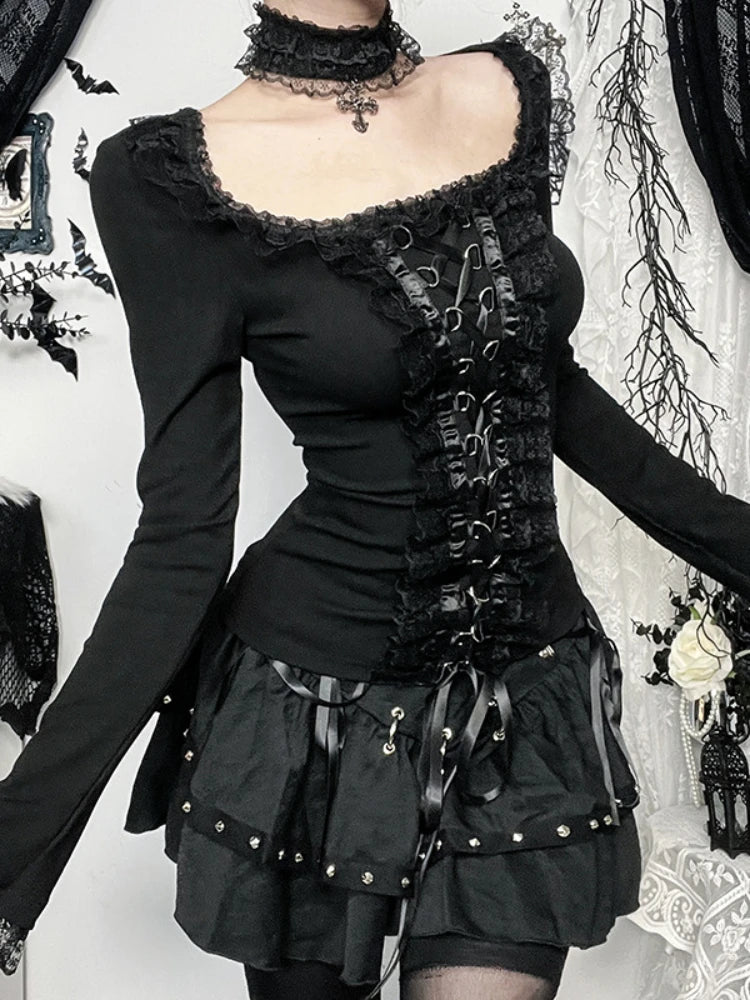 Goth Black Lace Trim Long Sleeve Vintage Sexy Lace-up Top with Choker Cross