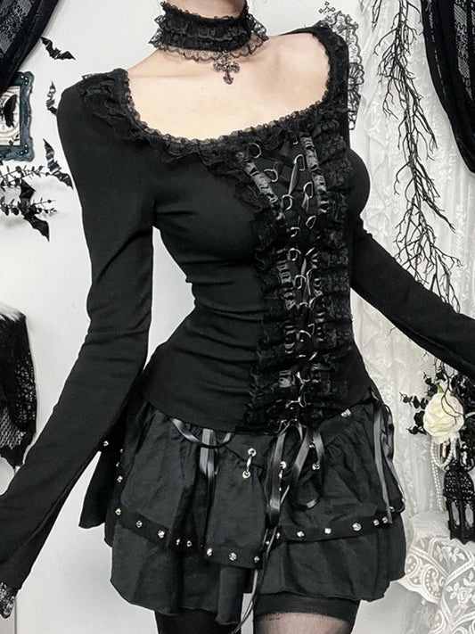 Goth Black Lace Trim Long Sleeve Vintage Sexy Lace-up Top with Choker Cross