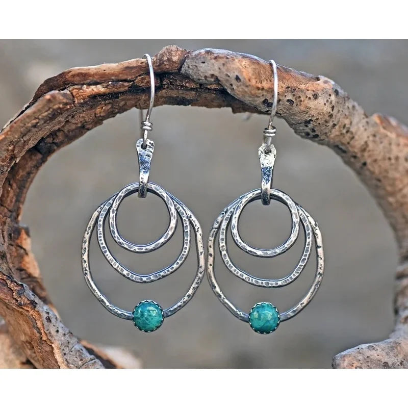 Retro Bohemian Turquoise in Circles Drop Earrings