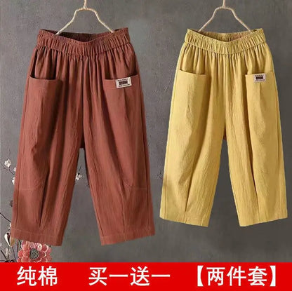 Cotton Linen Cropped 3/4 Length Pants, Loose, Linen with Elastic Waist and Pockets