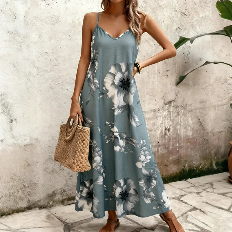 Boho Sizes to 5XL  Floral Print, Spaghetti Straps, Loose Maxi Dress with a Flared skirt