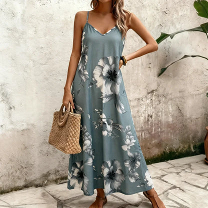 Boho Sizes to 5XL  Floral Print, Spaghetti Straps, Loose Maxi Dress with a Flared skirt