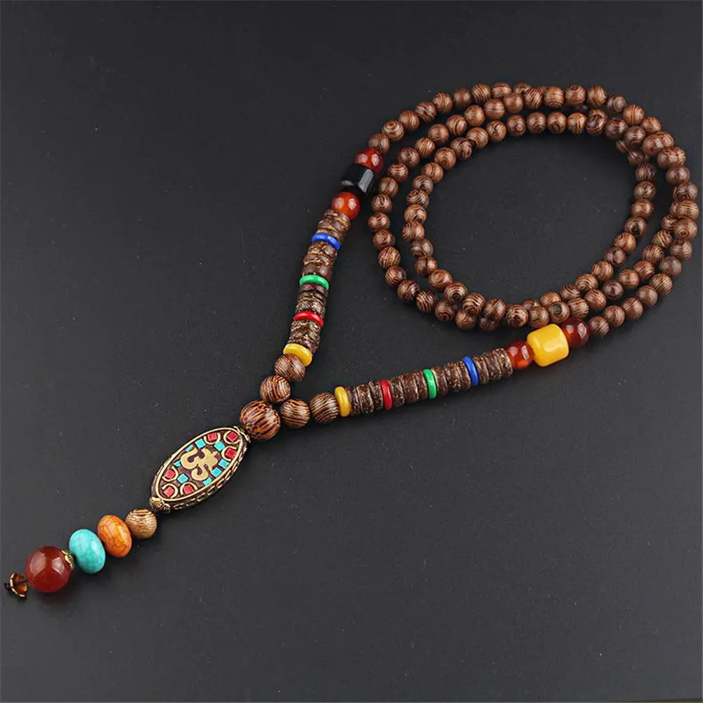 Long Wooden Beaded Tassel Boho  Necklace Nepal Wood Beads