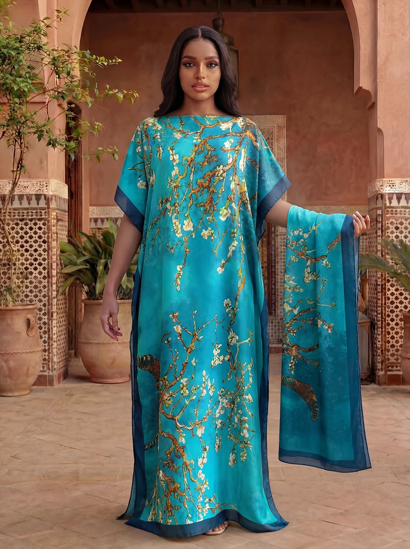Boho Print Maxi Caftan with matching Shawl, Elbow Length Sleeves, 5 designs to choose from