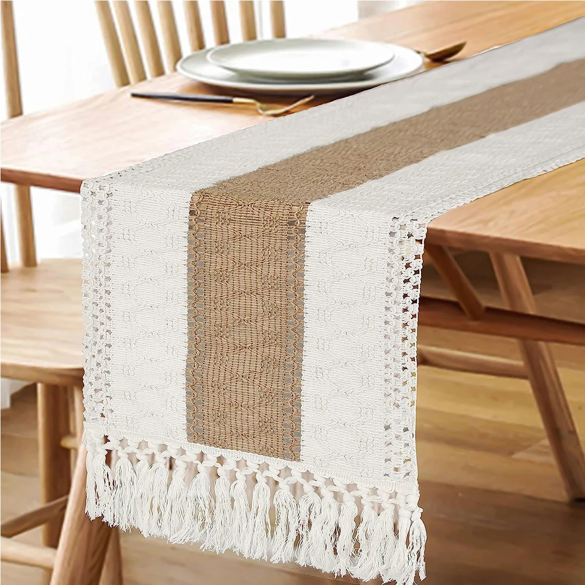Boho Table Runner Farmhouse Burlap Cotton Table Runner with Woven Macrame Tassels. Various Sizes and Colors