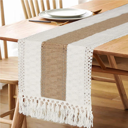 Boho Table Runner Farmhouse Burlap Cotton Table Runner with Woven Macrame Tassels. Various Sizes and Colors
