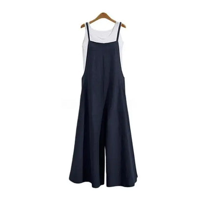 Spaghetti Strapped Jumpsuit to Sizes 5XL. Solid Color, Wide Leg Pants. Bibbed Overalls with Pockets. Casual, Loose, Cotton Linen