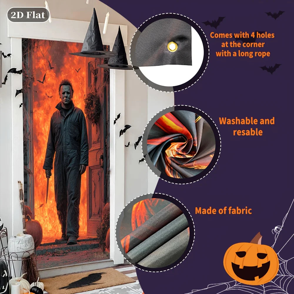 2D door banner, Halloween door cover 70.8 by 30.4 inches- polyester indoor/outdoor decoration with Michael Myers mask design