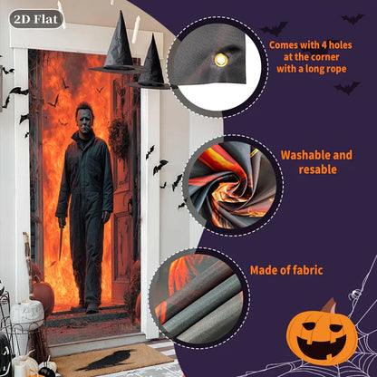 2D door banner, Halloween door cover 70.8 by 30.4 inches- polyester indoor/outdoor decoration with Michael Myers mask design