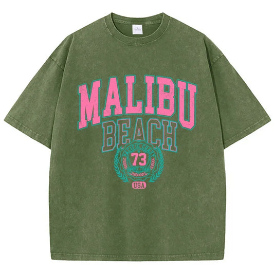 Malibu Beach Washed Cotton T Shirt Comfortable Crewneck Tops Casual Oversized Tees Sizes to 2XL and Available in 9 colors and Short Waist Cut