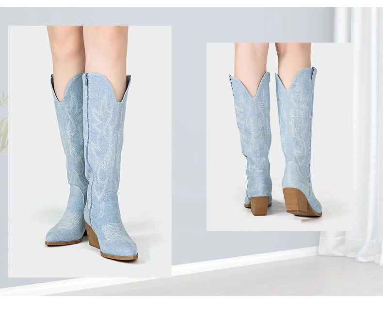 Embroidered Western Cowgirl Boots, Pointed Toe, Thick Heel,  Knee High Boots