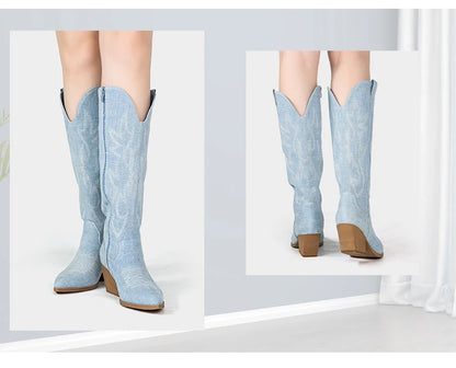 Embroidered Western Cowgirl Boots, Pointed Toe, Thick Heel,  Knee High Boots