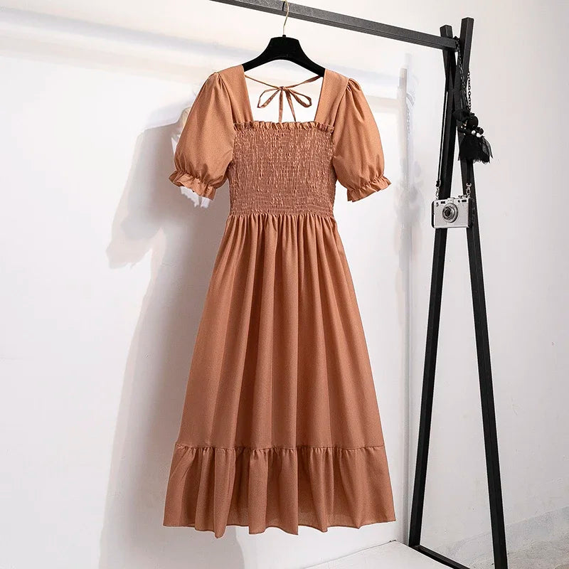 14 Patterns Elastic Waist Chiffon Dress  Short Sleeve Pleated A-line Dresses