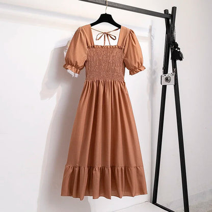 14 Patterns Elastic Waist Chiffon Dress  Short Sleeve Pleated A-line Dresses