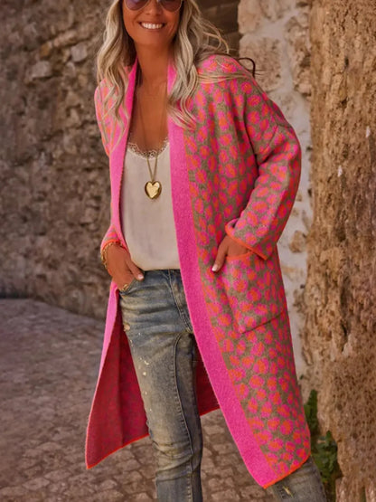 Long Knitted Print Cardigan with Long Sleeves and Pockets